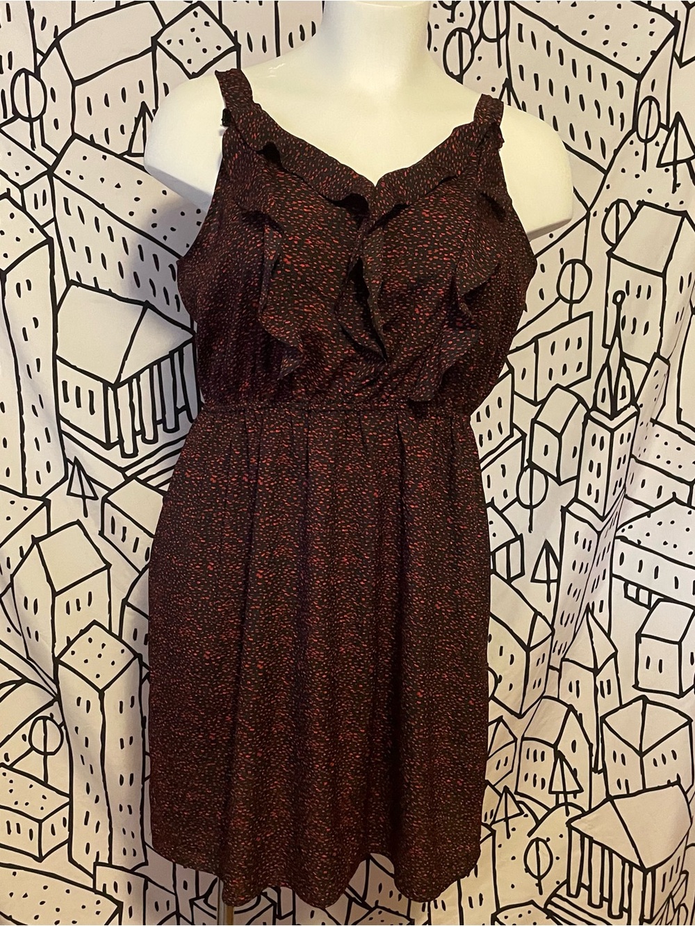 Ruffle-Trim Sleeveless Mini Dress in Burgundy with Red Dot Print